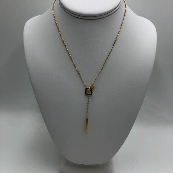 18K Gold Plated Women's Dual Interlocking Square Charm Dangle Necklace Harmony - Picture 5 of 12